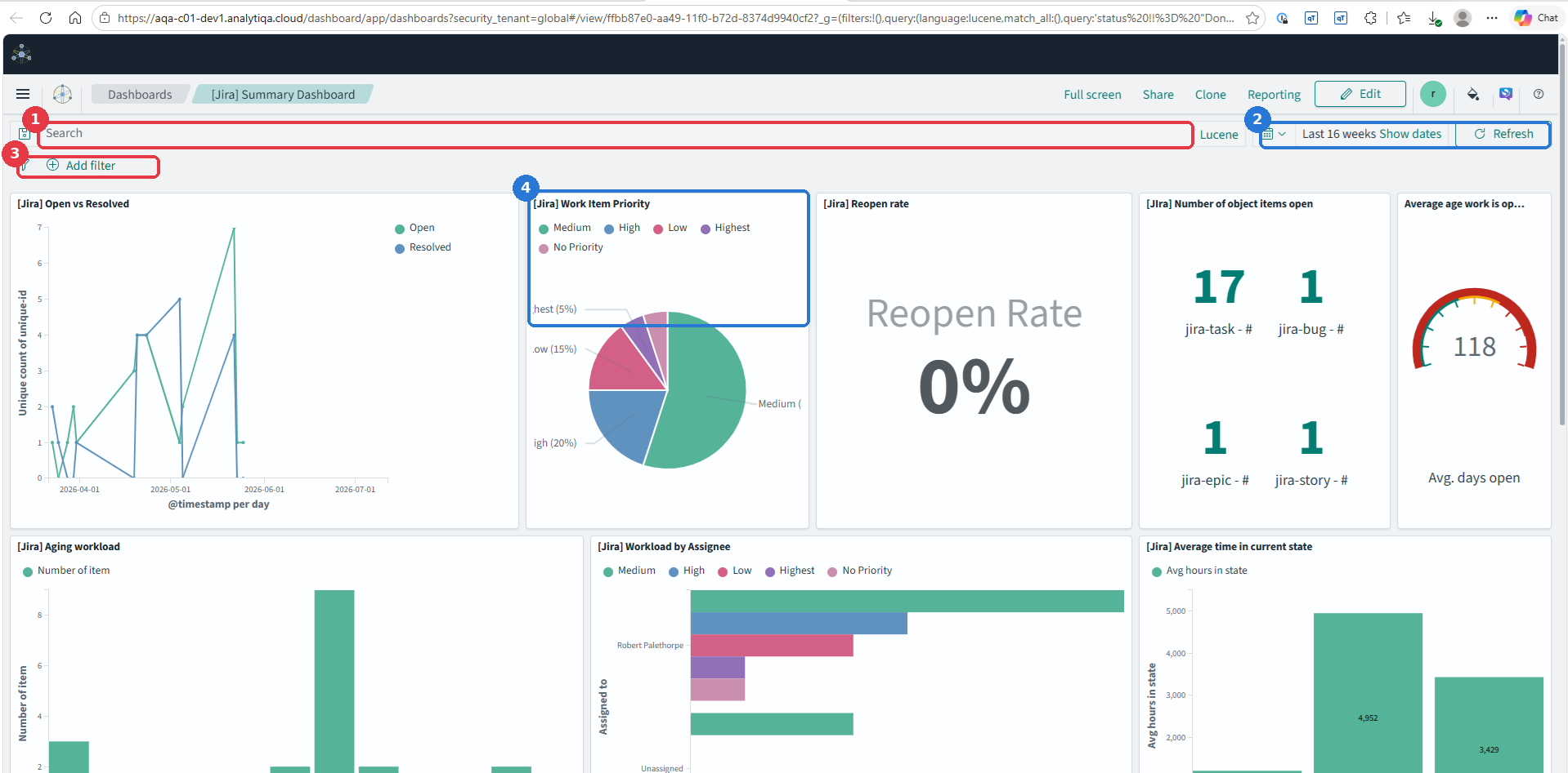 Dashboard layout highlighting the search bar, time range, add filter, and an example visualization panel