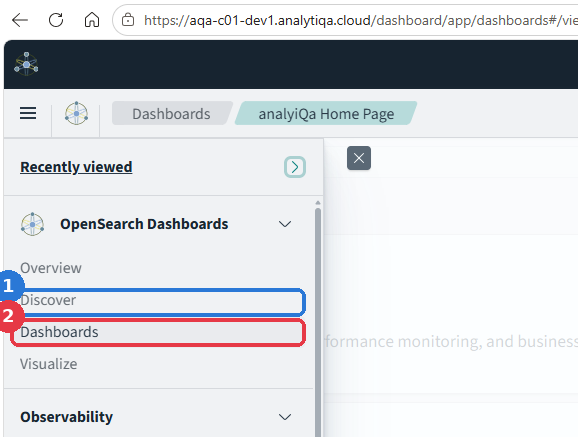 Left navigation menu highlighting Discover and Dashboards